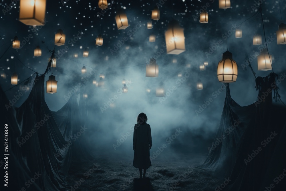 Aufkleber a person standing in front of a bunch of lanterns. generative ai image.