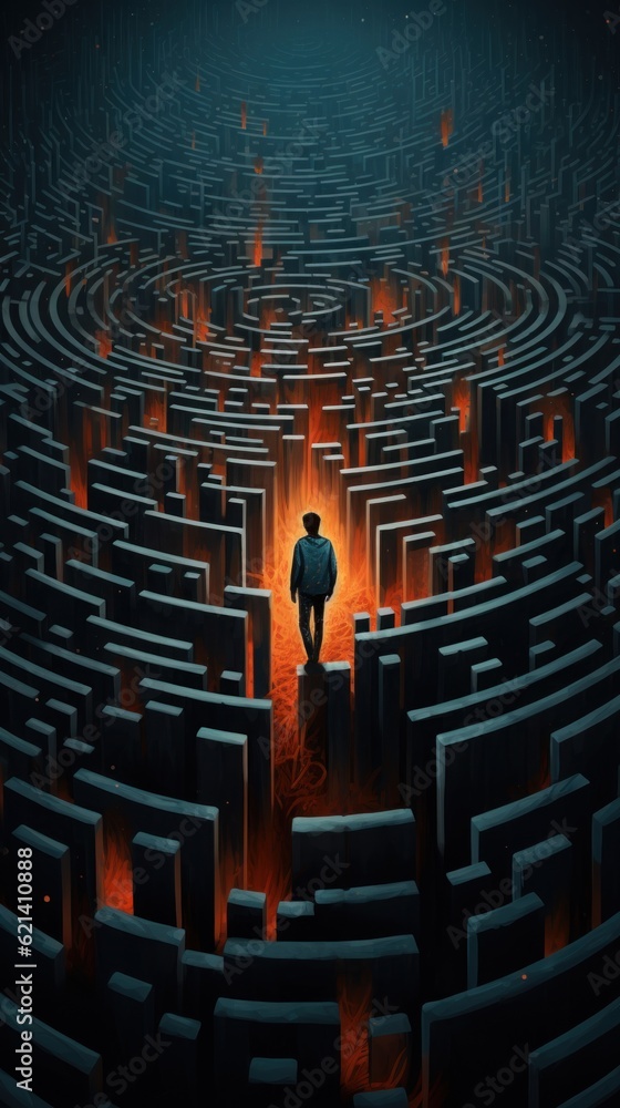 Poster a man standing in front of a maze. generative ai image.