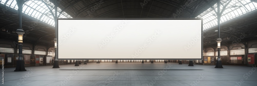 Poster an empty train station with a big screen in the middle. generative ai image.