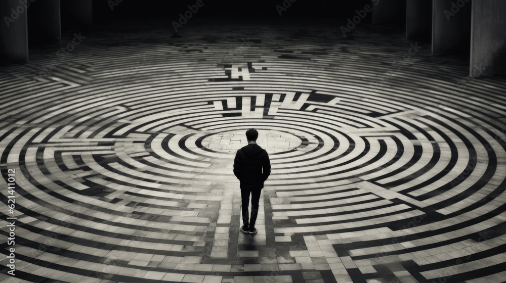 Poster a person standing in a maze with a cross in the middle. generative ai image.