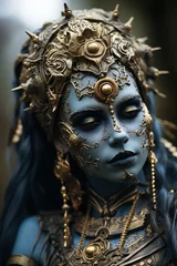 Foto op Plexiglas A close up of a woman with blue makeup. Generative AI image. © starush
