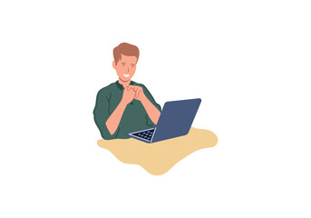 Illustration of a positive male video call using a laptop. Vector cartoon of young male businessman teleconferencing on laptop while working at home, Flat design character