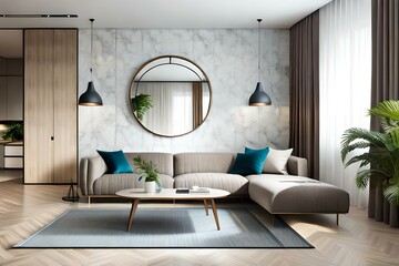 Interior of light living room with comfortable sofa, houseplants and mirror near light wall. Modern living room.