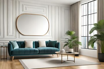 Interior of light living room with comfortable sofa, houseplants and mirror near light wall. Modern living room.