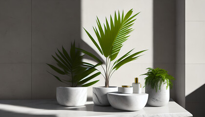 Modern minimal empty white marble stone counter table top, palm tree in sunlight, leaf shadow on concrete wall background