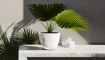 Modern minimal empty white marble stone counter table top, palm tree in sunlight, leaf shadow on concrete wall background