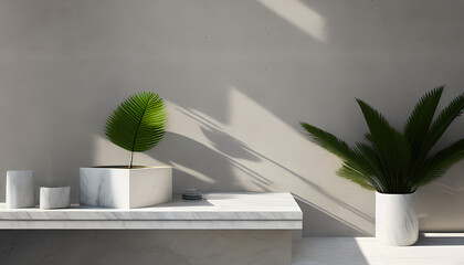 Modern minimal empty white marble stone counter table top, palm tree in sunlight, leaf shadow on concrete wall background for luxury organic cosmetic