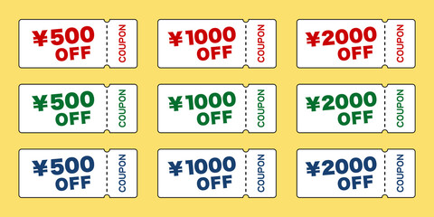 クーポン券の色違いセット：¥500 OFF, ¥1000 OFF, ¥2000 OFF - obrazy, fototapety, plakaty