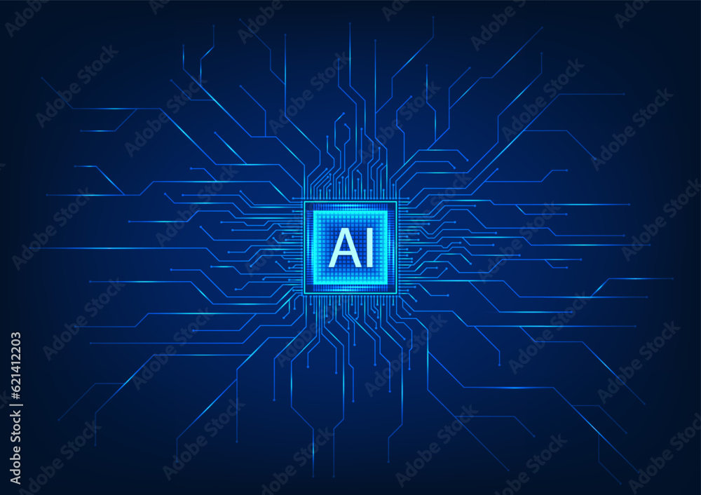 Poster power of artificial intelligence technology with this futuristic vector illustration. a blue-toned m