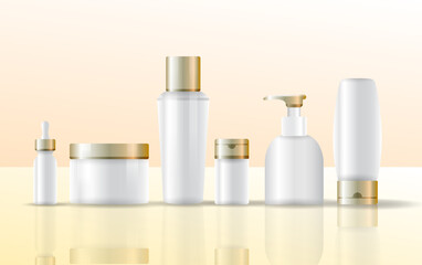 Set vector blank templates of empty and clean white plastic containers: bottles with spray, dispenser and dropper, cream jar, tube. Cosmetic package.