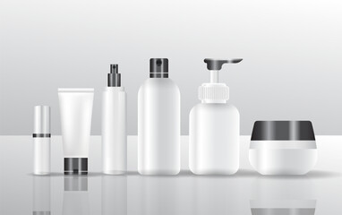 Set vector blank templates of empty and clean white plastic containers: bottles with spray, dispenser and dropper, cream jar, tube. Cosmetic package.