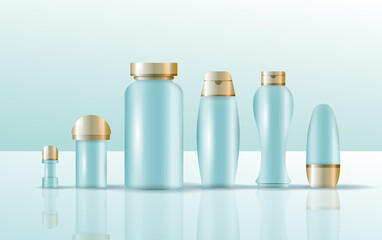 Set vector blank templates of empty and clean white plastic containers: bottles with spray, dispenser and dropper, cream jar, tube. Cosmetic package.