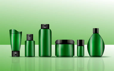 Set vector blank templates of empty and clean white plastic containers: bottles with spray, dispenser and dropper, cream jar, tube. Cosmetic package.