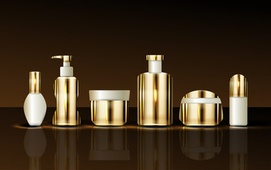 Set vector blank templates of empty and clean white plastic containers: bottles with spray, dispenser and dropper, cream jar, tube. Cosmetic package.