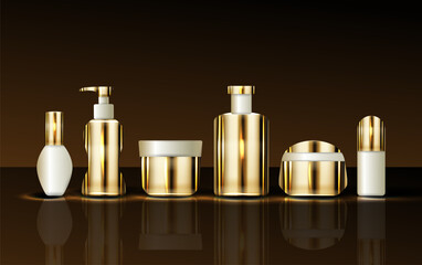 Set vector blank templates of empty and clean white plastic containers: bottles with spray, dispenser and dropper, cream jar, tube. Cosmetic package.