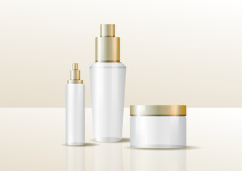 Set vector blank templates of empty and clean white plastic containers: bottles with spray, dispenser and dropper, cream jar, tube. Cosmetic package.