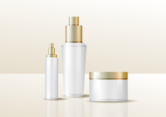 Set vector blank templates of empty and clean white plastic containers: bottles with spray, dispenser and dropper, cream jar, tube. Cosmetic package.