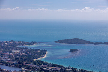 panoramic background of high mountain scenery, overlooking the atmosphere of the sea, trees and...