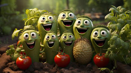 Picture a colorful array of vegetables, each adorned with cartoonish faces that radiate joy and cheer.ai generater