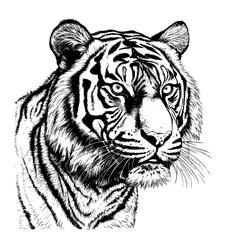 Hand Drawn Monochrome Benga Tiger Head Isolated  illustration on White Background. high contrast, for laser engraving, white background , Created with generative AI