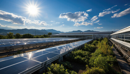 Obraz premium the synergy between industry and clean energy by showcasing a modern factory equipped with a solar energy system. 