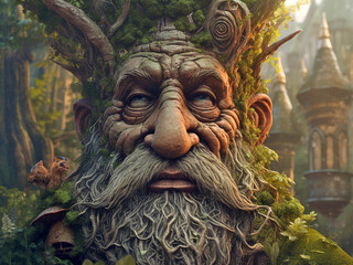 Obraz premium magical living huge tree with the face of an elderly person or a gnome, close-up Generative AI