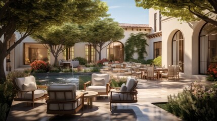 Naklejka premium Private oasis, complete with a tranquil water feature, a Mediterranean garden, and cozy seating areas surrounded by tall cypress trees