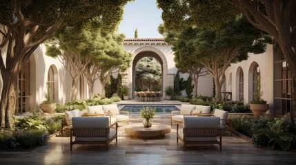 Fototapeta premium Private oasis, complete with a tranquil water feature, a Mediterranean garden, and cozy seating areas surrounded by tall cypress trees
