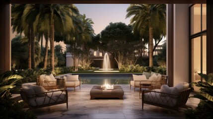 Fototapeta premium Private oasis, complete with a tranquil water feature, a Mediterranean garden, and cozy seating areas surrounded by tall cypress trees