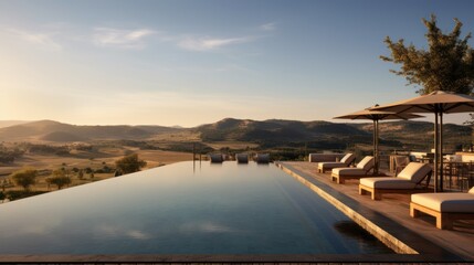Infinity pool that appears to merge with the horizon, offering stunning views of the Italian countryside. Include a sun deck and a poolside bar for ultimate relaxation