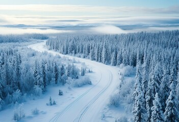 Fototapeta na wymiar Aerial View Over Arctic Winter Road Swedish Laplan