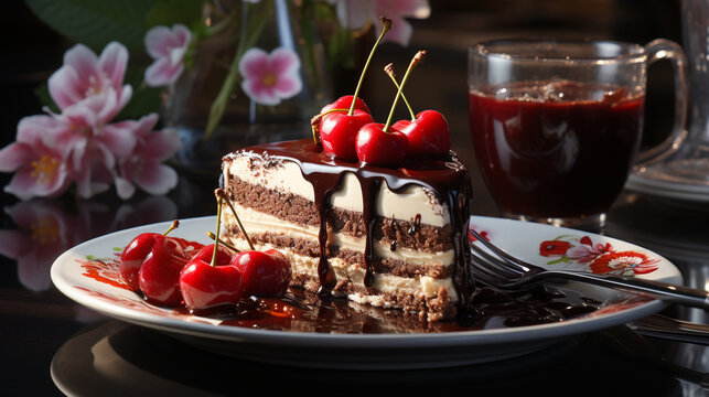 cake with cherries  HD 8K wallpaper Stock Photographic Image