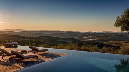 Fototapeta na wymiar Infinity pool that appears to merge with the horizon, offering stunning views of the Italian countryside. Include a sun deck and a poolside bar for ultimate relaxation
