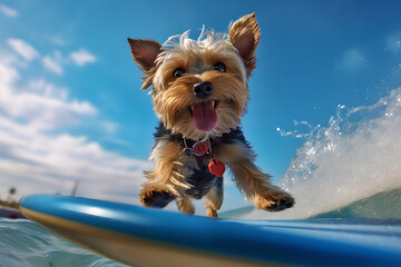 cute dog surfing at the beach on a sunny day. Close-up of cute dog with smile face while sitting on a surfboard