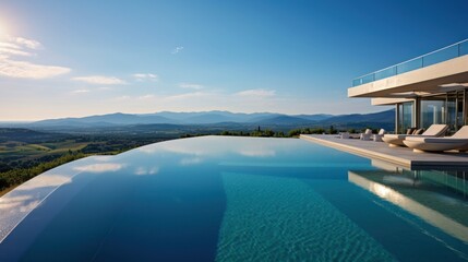 Obraz na płótnie Canvas Infinity pool that appears to merge with the horizon, offering stunning views of the Italian countryside. Include a sun deck and a poolside bar for ultimate relaxation