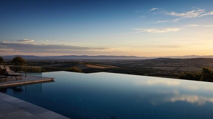 Fototapeta premium Infinity pool that appears to merge with the horizon, offering stunning views of the Italian countryside. Include a sun deck and a poolside bar for ultimate relaxation