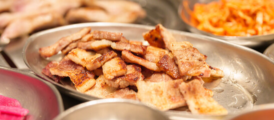meat pork grilled on stove serve in restaurant. Korean food and BBQ traditional style