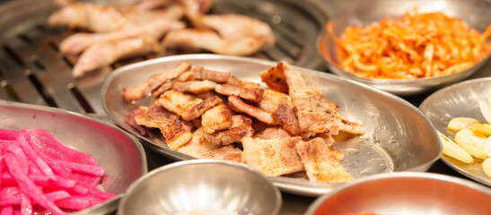 meat pork grilled on stove serve in restaurant. Korean food and BBQ traditional style