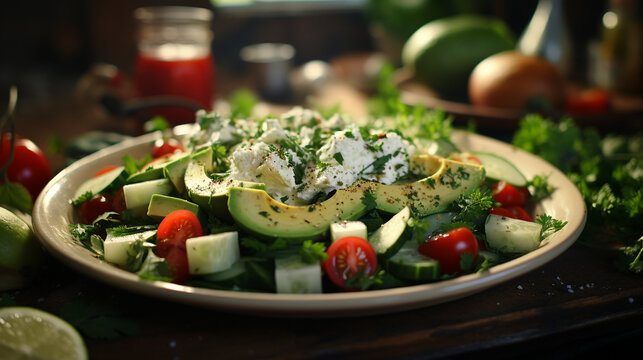 salad with avocado and salmon  HD 8K wallpaper Stock Photographic Image