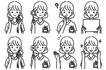 看護師の女性のポーズ 線画
