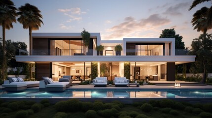 Fototapeta premium Modern villa that seamlessly blends Italian architectural elements with contemporary design, incorporating features such as arched windows, terracotta accents, and a sleek minimalist aesthetic