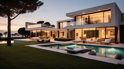 Fototapeta premium Modern villa that seamlessly blends Italian architectural elements with contemporary design, incorporating features such as arched windows, terracotta accents, and a sleek minimalist aesthetic
