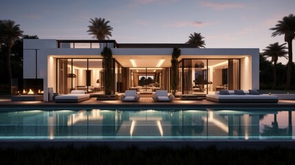 Fototapeta premium Modern villa that seamlessly blends Italian architectural elements with contemporary design, incorporating features such as arched windows, terracotta accents, and a sleek minimalist aesthetic