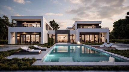 Obraz na płótnie Canvas Modern villa that seamlessly blends Italian architectural elements with contemporary design, incorporating features such as arched windows, terracotta accents, and a sleek minimalist aesthetic