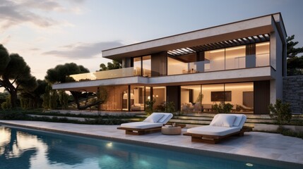 Fototapeta premium Modern villa that seamlessly blends Italian architectural elements with contemporary design, incorporating features such as arched windows, terracotta accents, and a sleek minimalist aesthetic