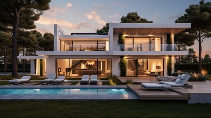 Fototapeta premium Modern villa that seamlessly blends Italian architectural elements with contemporary design, incorporating features such as arched windows, terracotta accents, and a sleek minimalist aesthetic
