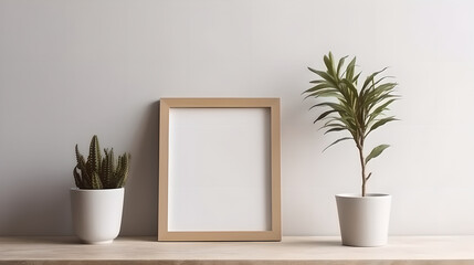 Scandinavian room interior with mock up photo frame on the brown bamboo shelf with beautiful plants. Interior poster mockup with vertical wooden frame in home interior background.