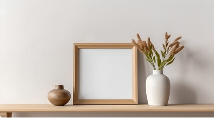 Scandinavian room interior with mock up photo frame on the brown bamboo shelf with beautiful plants. Interior poster mockup with vertical wooden frame in home interior background.