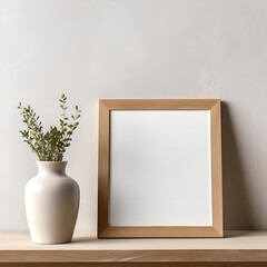 Scandinavian room interior with mock up photo frame on the brown bamboo shelf with beautiful plants. Interior poster mockup with vertical wooden frame in home interior background.