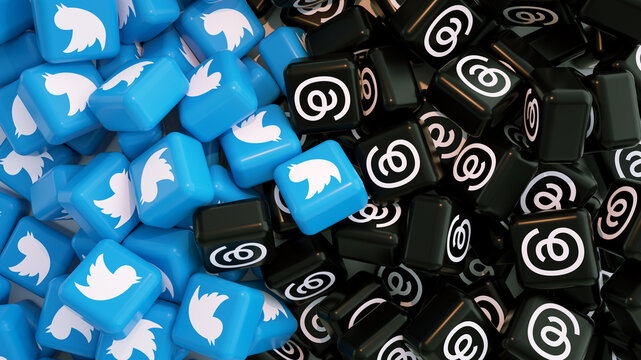 3D rendering of Twitter and Threads logos. Twitter versus Threads. social media logo background